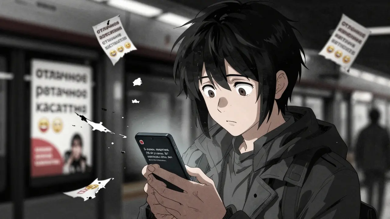 Покупатель смотрит на телефон в метро, на экране — точное объявление о квартире, другие объявления разрываются ветром.