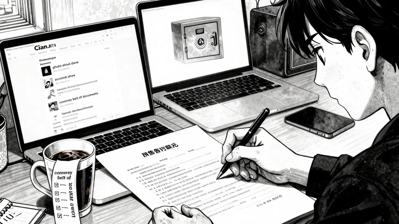 Рука подписывает договор задатка у кухонного стола с открытыми сайтами недвижимости.