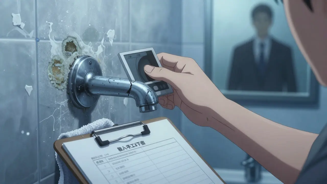 Руки арендатора фотографируют плесень и протечки в ванной комнате.