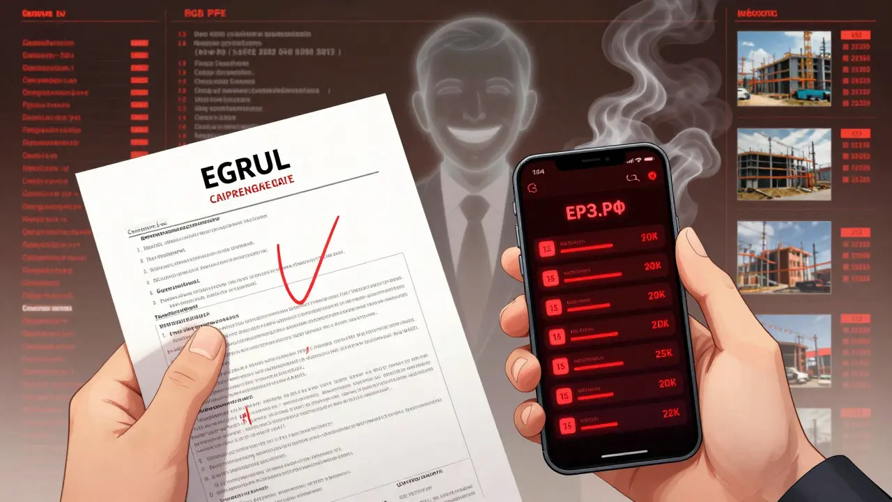 Руки держат выписку из ЕГРЮЛ и смартфон с рейтингом рисков застройщика, фон — цифровые данные и замерзшие фото стройки.