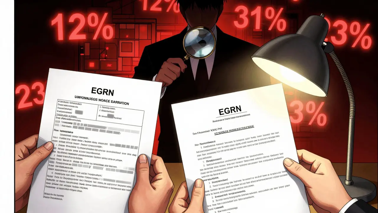 Руки сравнивают поддельные и настоящие документы на квартиру, рядом — юрист с лупой.