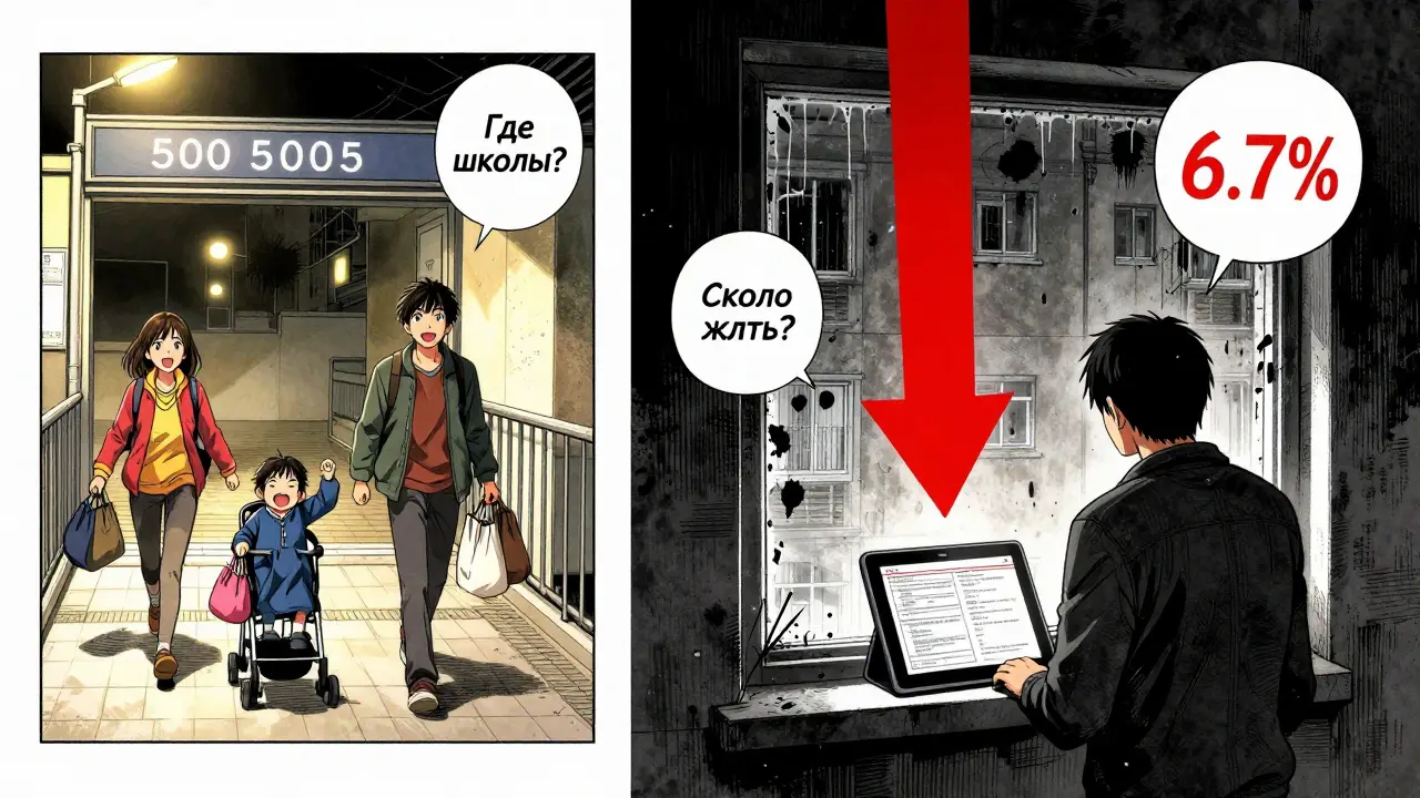 Семья идет к метро, в другом кадре — одинокий жилец с пустыми объявлениями об аренде.