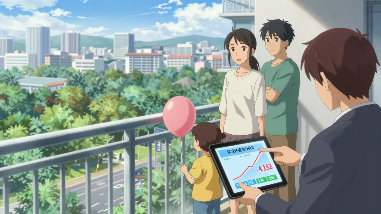 Семья на балконе с видом на лесопарк и велодорожки, риелтор показывает рост цен на планшете.