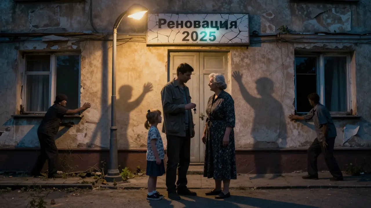 Семья стоит у дома под реновацией, из стен выглядывают призраки прошлых жильцов.