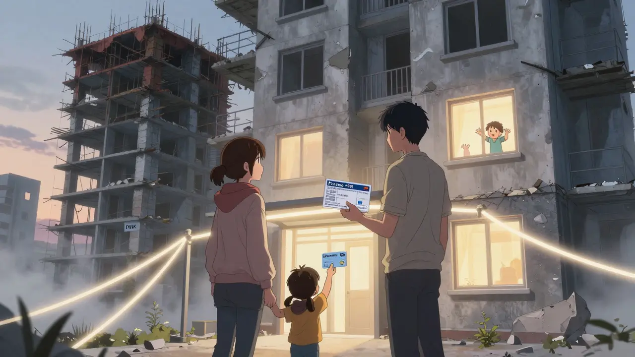 Семья стоит у входа в новый дом, между собой — путь от риска к стабильности через гибридную схему.