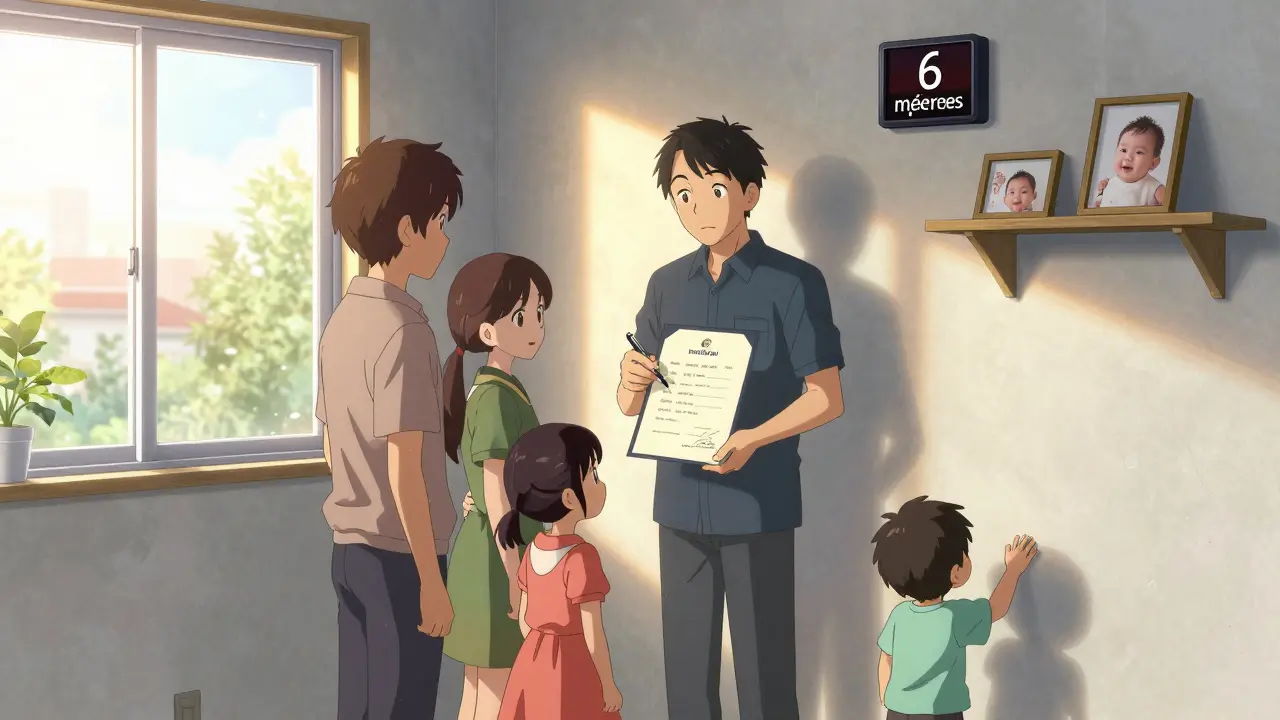 Семья стоит в новой квартире, оформляя доли детей в собственности.