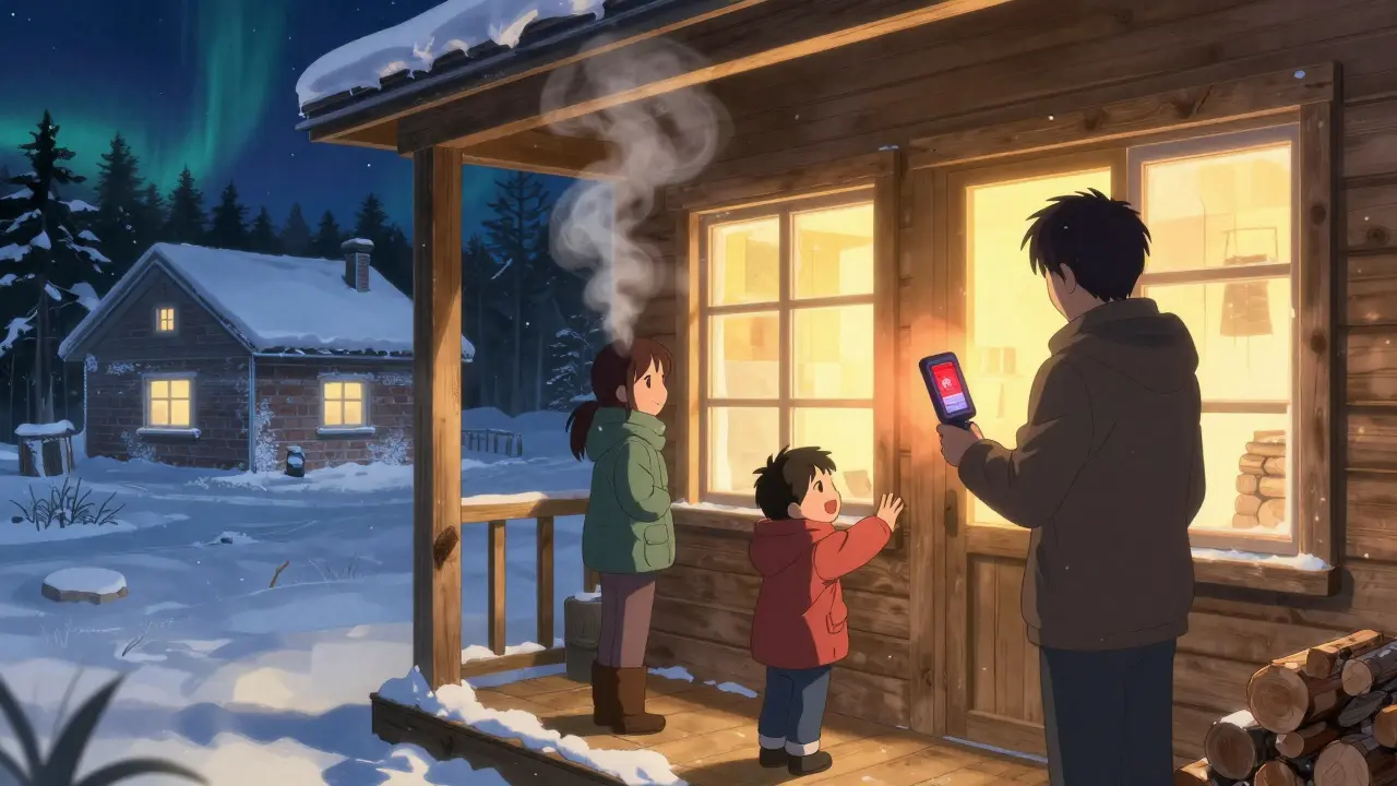 Семья в деревянном доме зимой, теплое свечение из окон, на фоне холодного кирпичного дома.