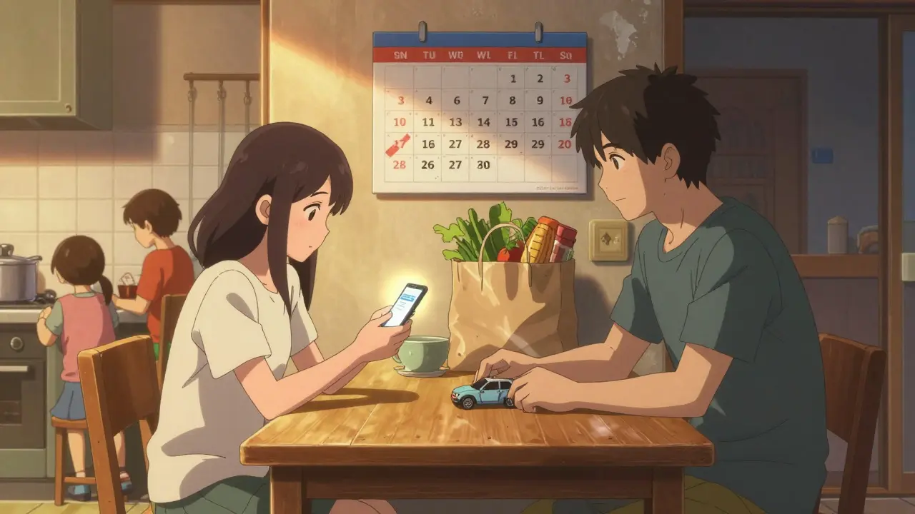 Семья в Нижнем Новгороде за кухонным столом, мать смотрит на уведомление о ежемесячном переводе, дети играют рядом, теплое вечернее освещение.