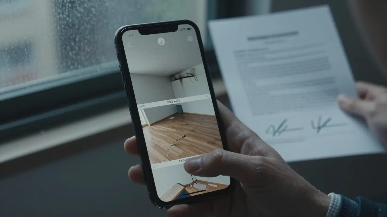 Смартфон показывает фотографии повреждений квартиры и показания счетчиков с датой и временем.