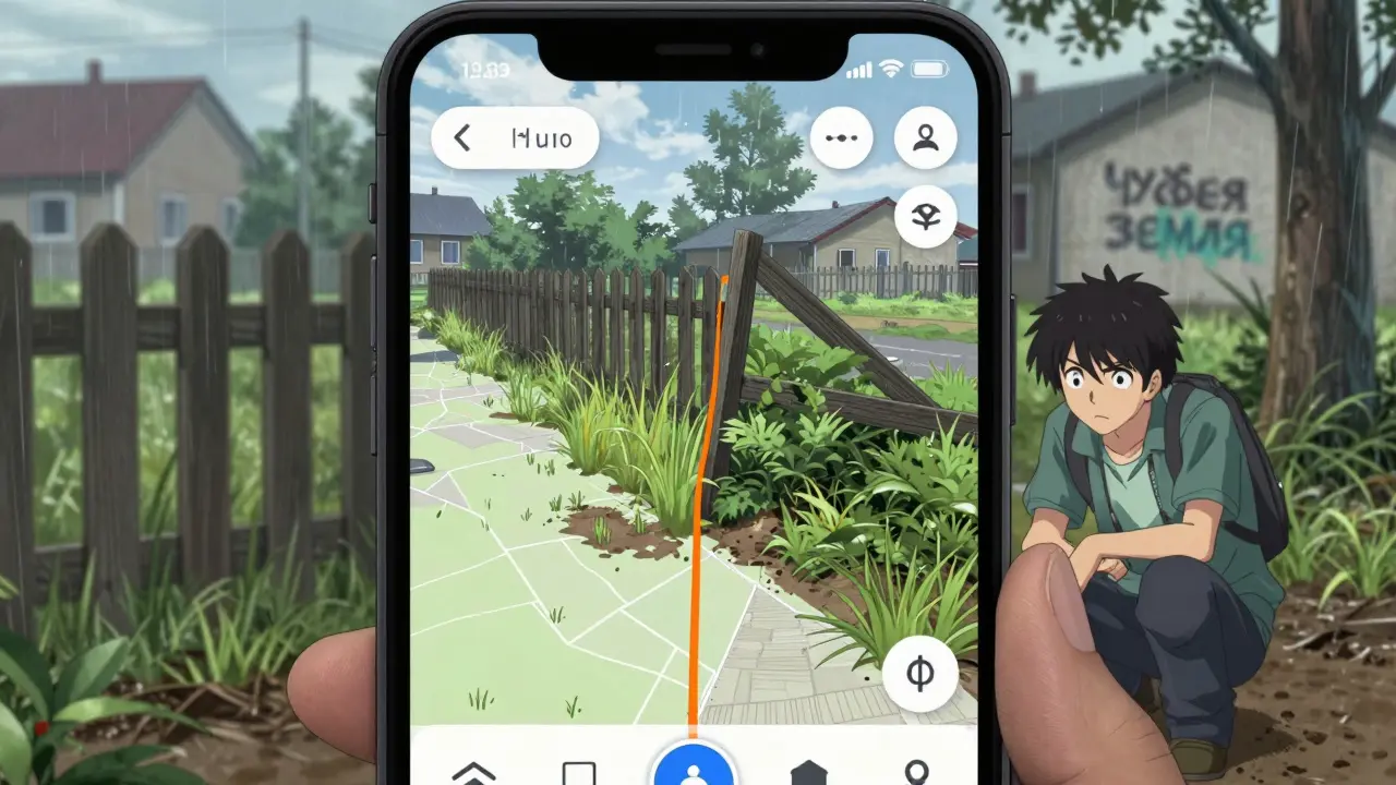Смартфон показывает расхождение между цифровой границей и забором на участке.