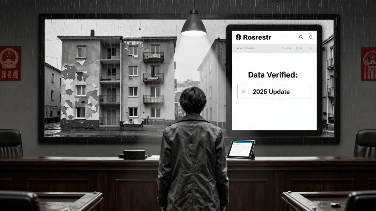 Судебное заседание, где на экране показаны реальное состояние квартиры и ложная кадастровая оценка.