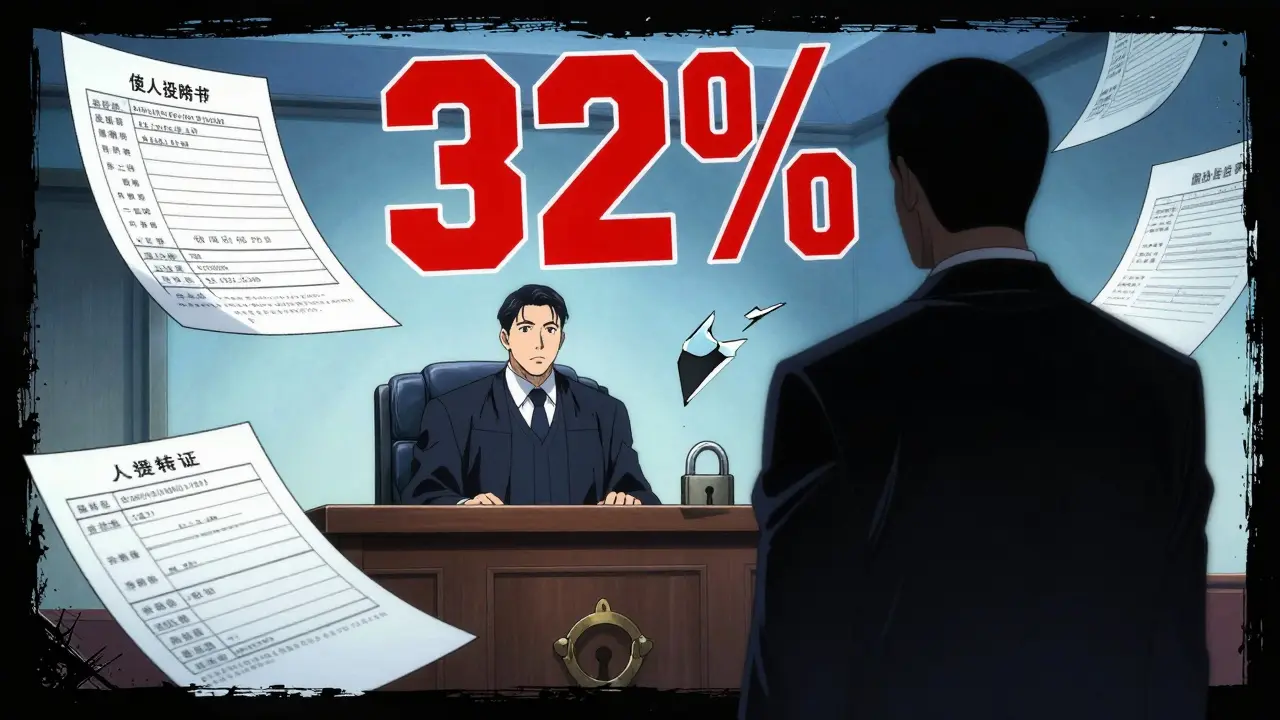 Судебное заседание: собственник против теневого арендатора, над ним — красная цифра 32%.