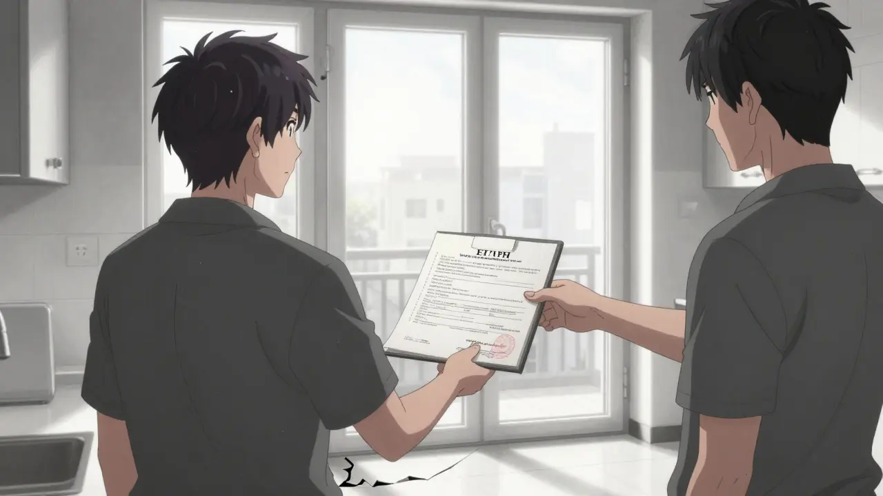 Владелец передает документы покупателю у входа в квартиру, видны новые окна и треснувшая плитка на кухне.