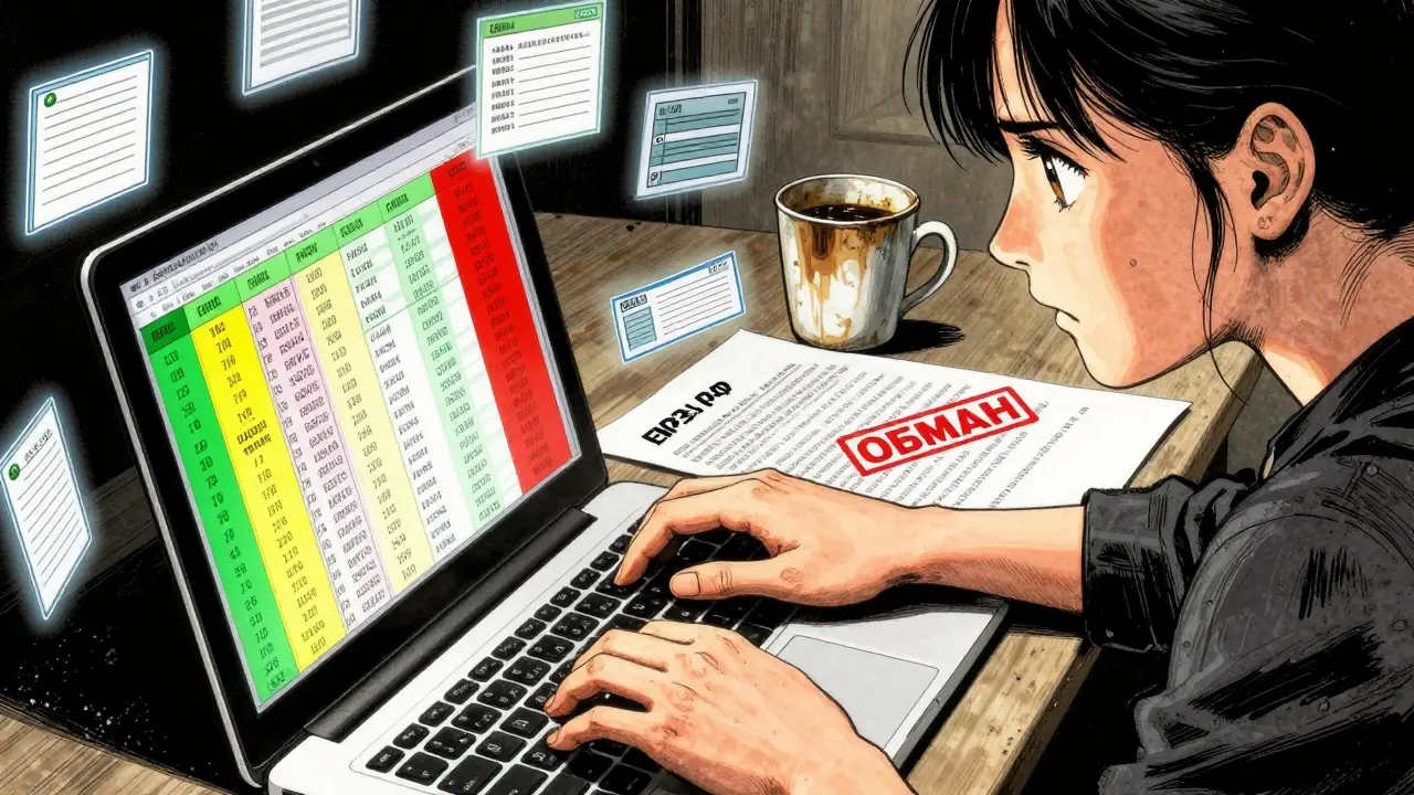 Женщина анализирует риски застройщика на экранах с судебными делами и рейтингами.