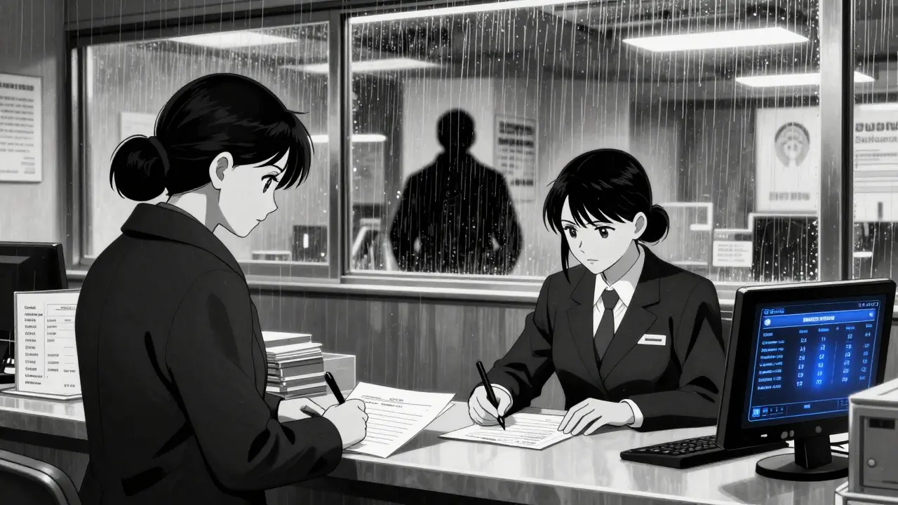 Женщина подписывает акт приемки в банке, за окном дождь, а на экране монитора — баланс эскроу-счета.