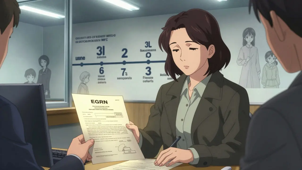 Женщина получает выписку из ЕГРН в многофункциональном центре, на фоне — хронология процесса.