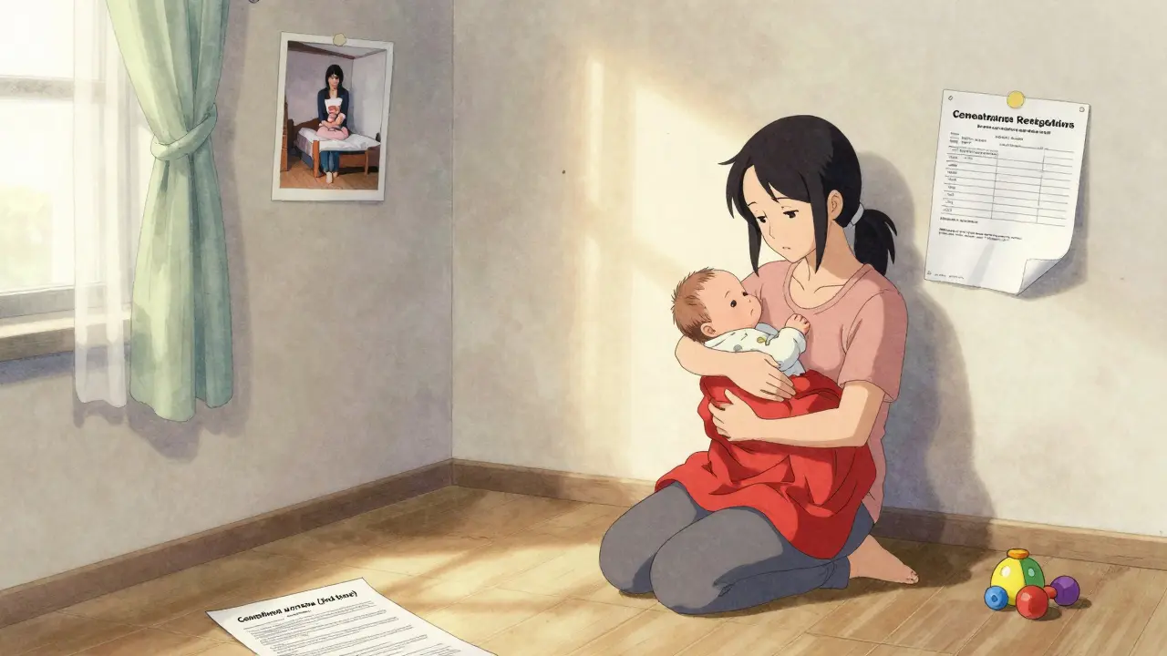 Женщина с новорождённым в двухкомнатной квартире, на стене — фото старой квартиры и отказ банка, на полу — игрушка и документ о повторной ипотеке.