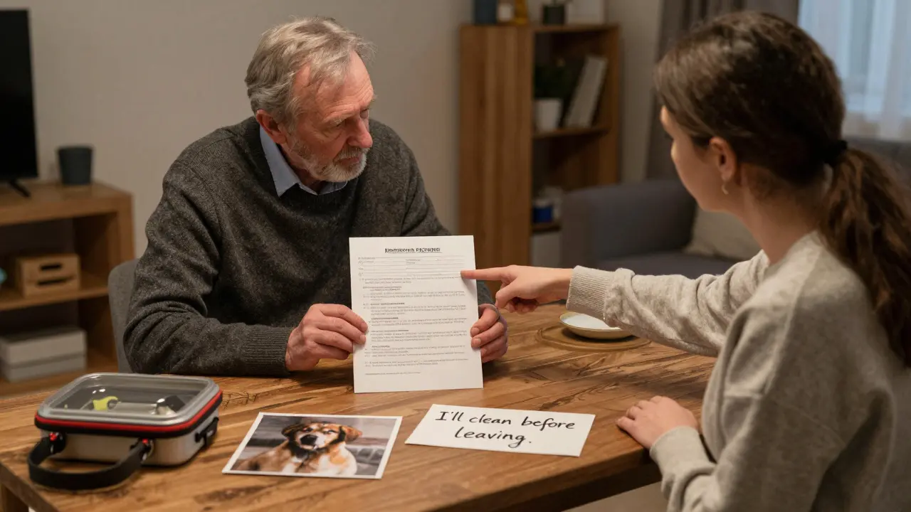 Арендодатель и арендатор обсуждают договор о питомце за столом с фотографиями и документами.