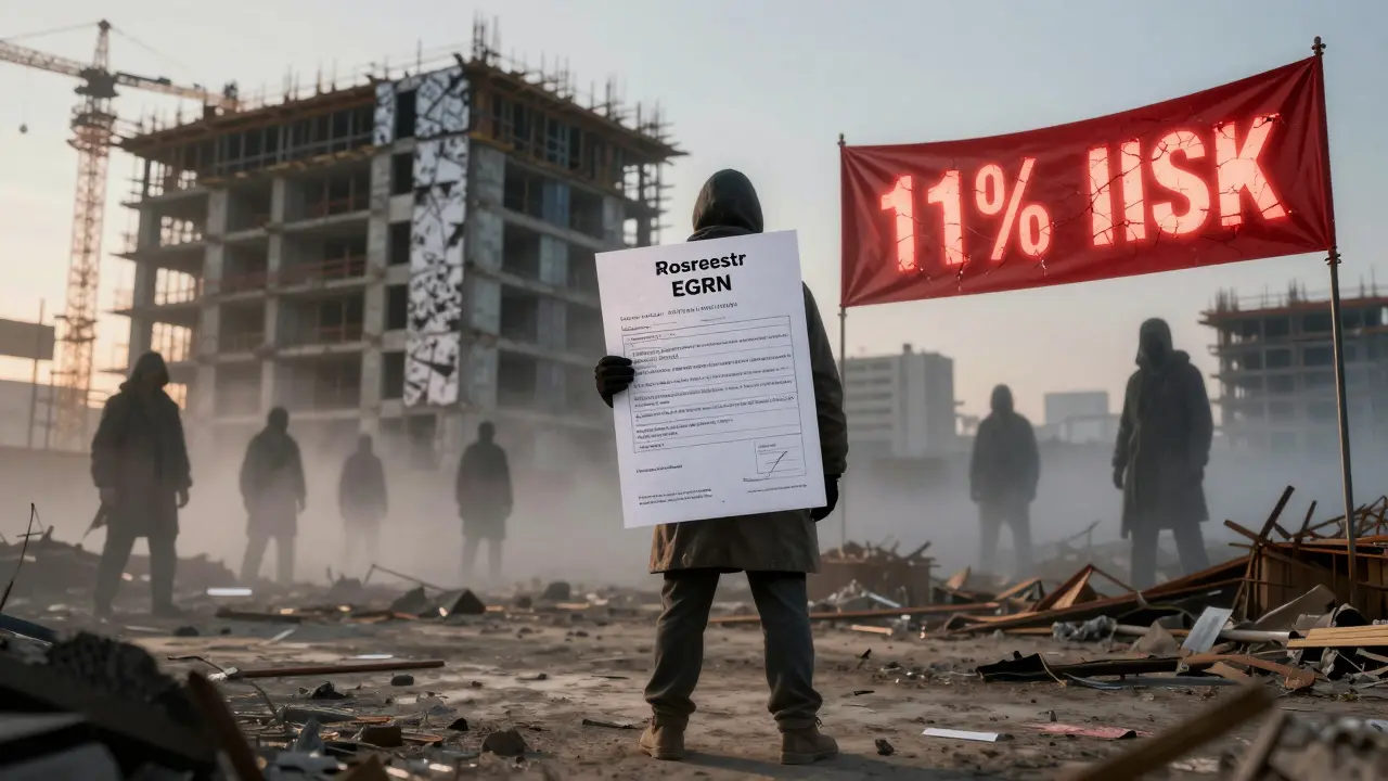 Человек держит выписку из ЕГРН с арестом земли, за ним — дом с фальшивым фасадом, в тумане — призраки потерявших деньги покупателей.