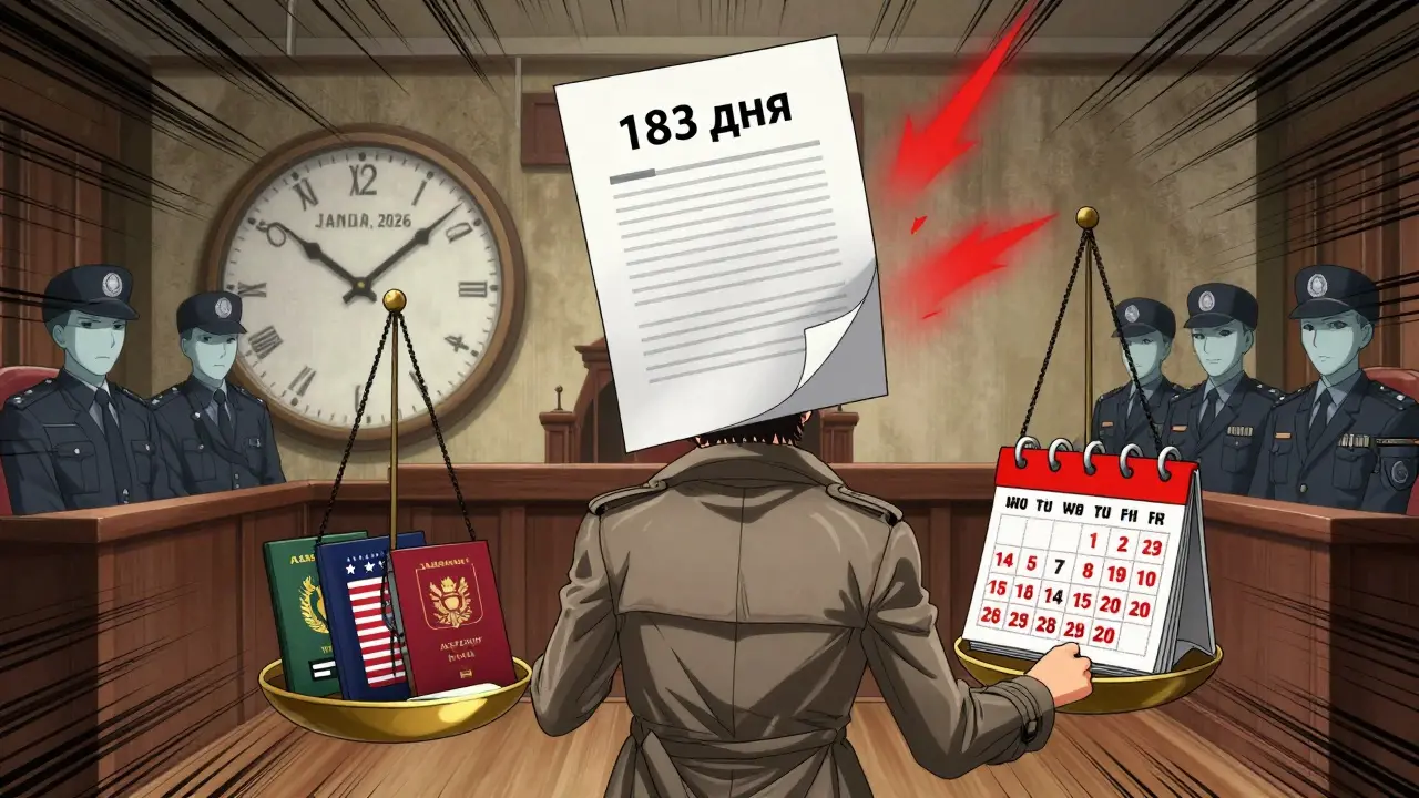 Документ '183 дня' на весах против иностранных паспортов, часы тикают к 2026 году, тени инспекторов наблюдают.