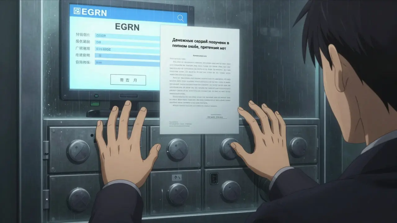 Две руки пытаются достать до банковской ячейки, между ними экран с подтверждением регистрации права собственности.