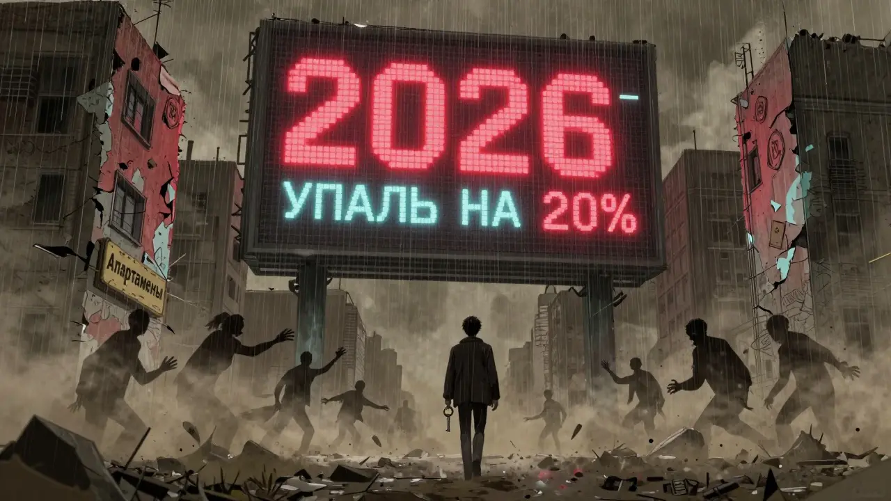Город с рушащимися апартаментами, одинокий человек уходит с ключом, над ним — цифровое предупреждение о падении ликвидности.
