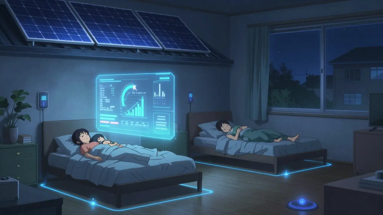 Интерьер умного дома с голографическими панелями энергопотребления и датчиками теплопотерь.