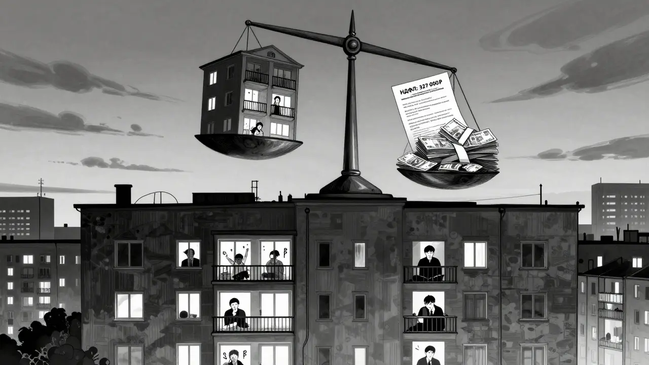 Множество окон многоэтажки показывают разные реакции на новый налог, над зданием — весы, сравнивающие квартиру и денежные купюры.