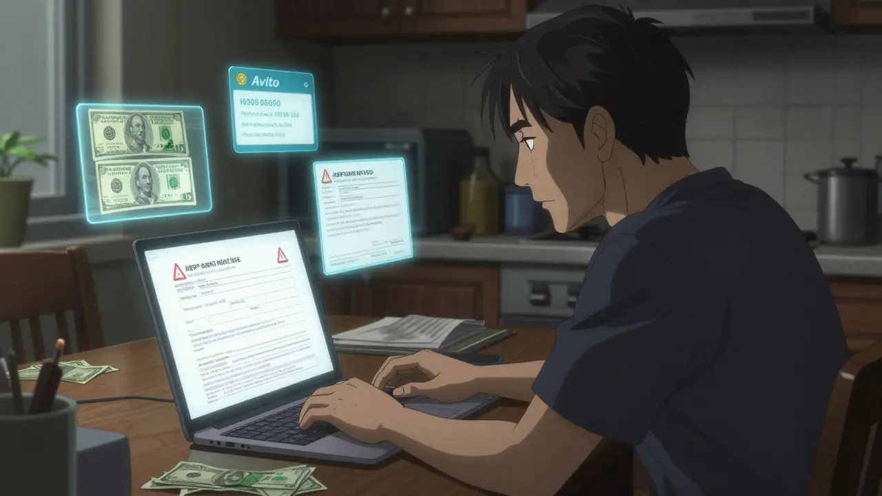 Мужчина смотрит на экран налогового уведомления, вокруг него парят изображения банковских операций, объявления и документы на квартиру.