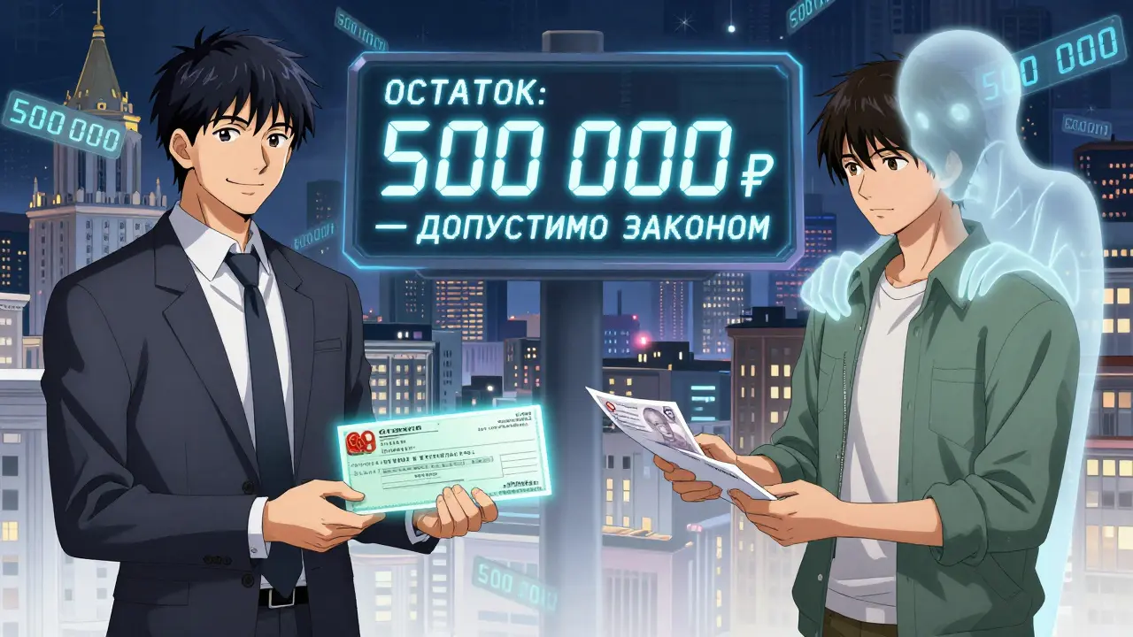 Мужчина в 2015 и 2026 годах, рядом с ним светящийся остаток вычета в 500 000 рублей, фон — московский город.