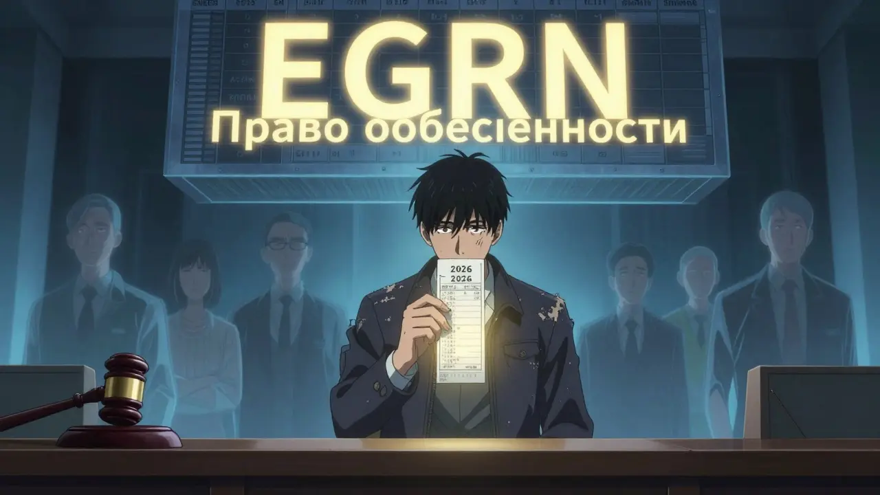 Мужчина в суде держит квитанцию, а над ним — огромный реестр с надписью 'Право собственности', вокруг — исчезающие фигуры бывших арендаторов.