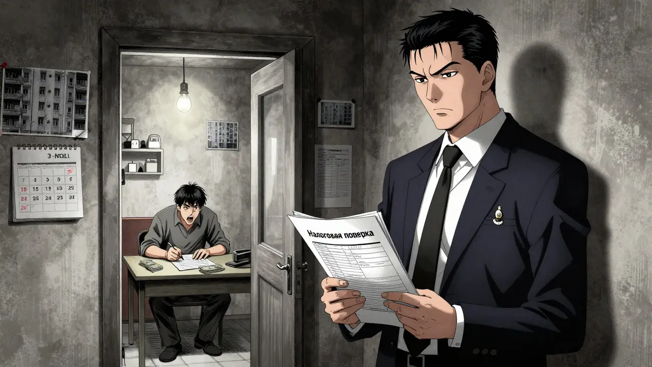 Налоговый инспектор в коридоре, человек спешит заполнить декларацию при тусклом свете.