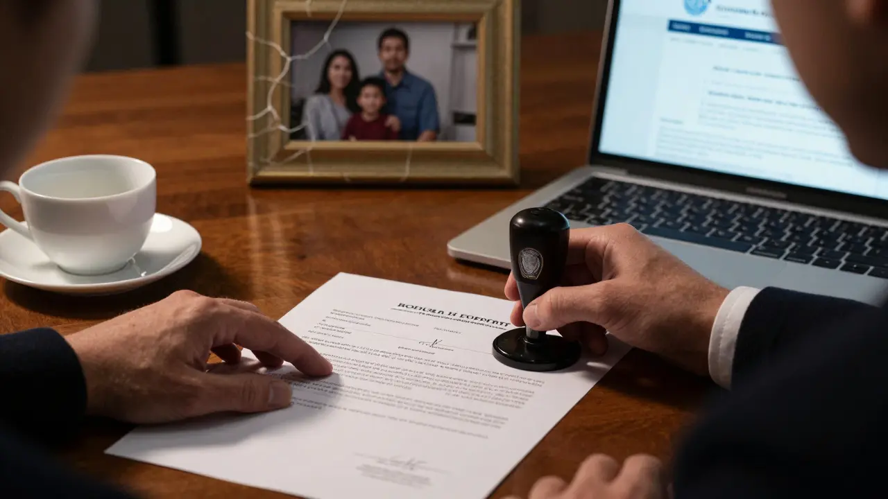 Нотариус печатает согласие супруга на продажу квартиры, рядом — семейные фотографии.