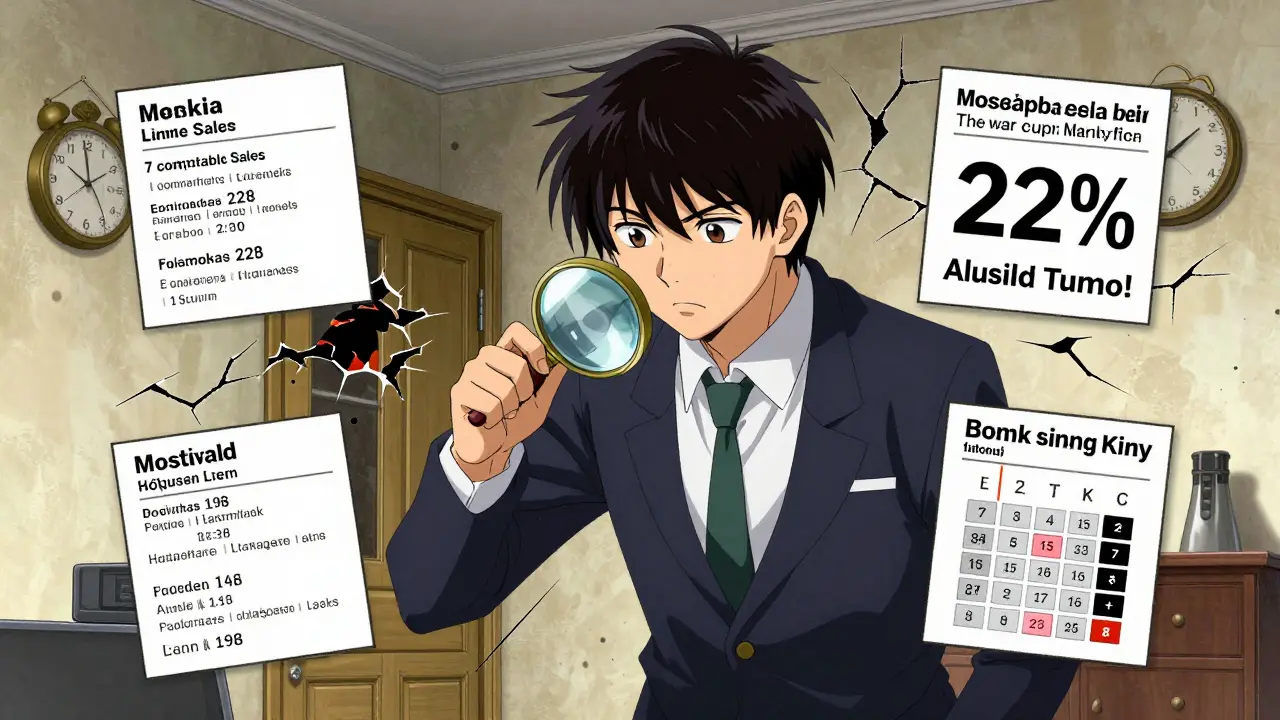 Оценщик анализирует квартиру, вокруг — данные о сделках, банке и налогах, стены трескаются от скрытой стоимости.