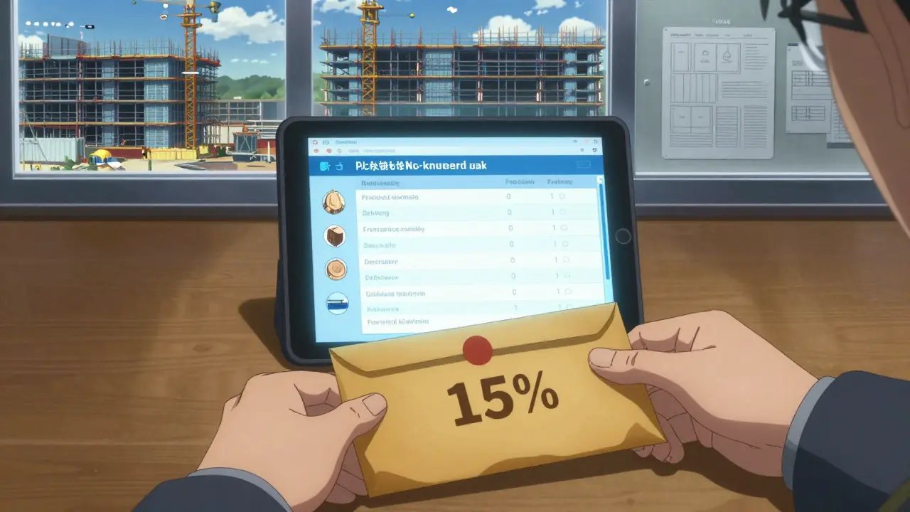 Подписание договора под светом цифрового планшета с блокчейн-логами материалов, на фоне видны три активных стройки с признаками контроля качества.