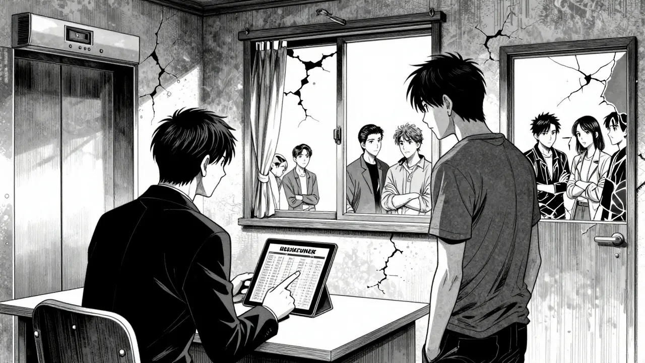 Покупатель использует недостатки квартиры для переговоров, рядом — шумный лифт и протекающая крыша.