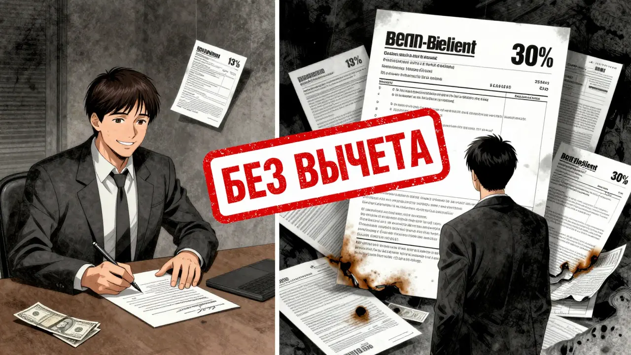 Разделенная сцена: резидент платит 13% налога, нерезидент — 30%, документы сгорают, красный штамп 'БЕЗ ВЫЧЕТА'.