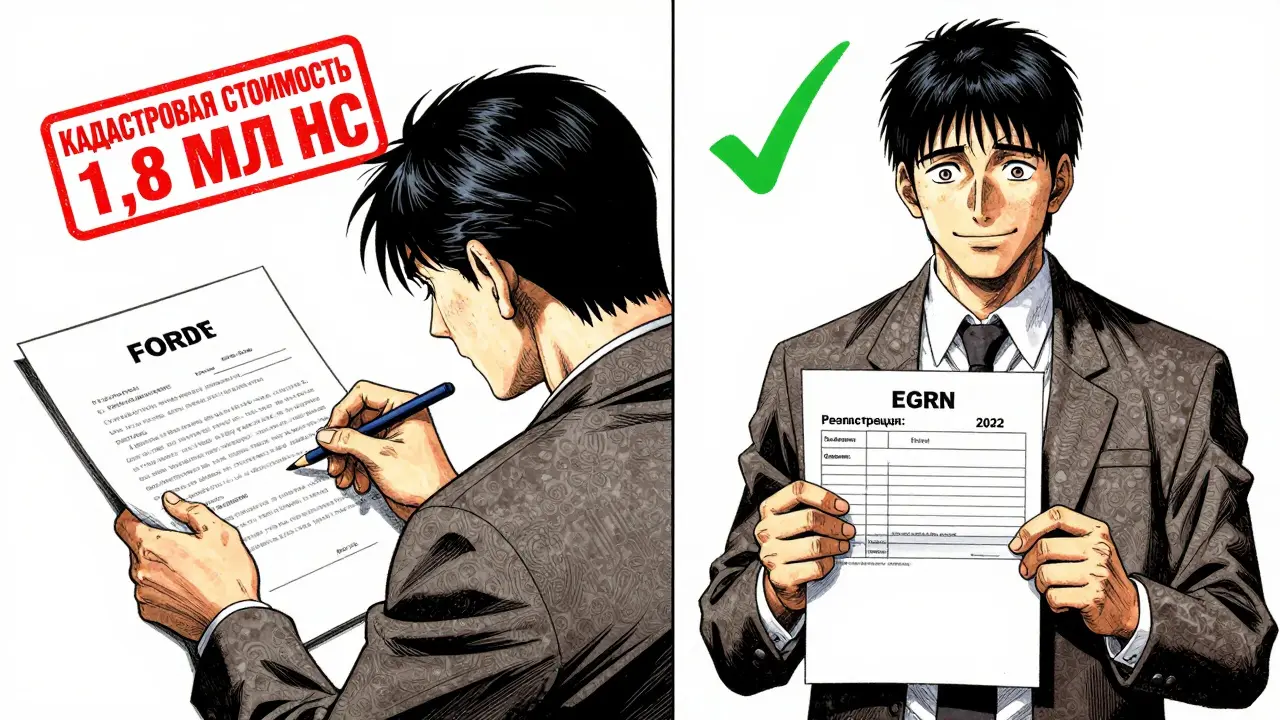 Разделённая сцена: слева — человек продает квартиру за 800 тыс., справа — он радуется, держа выписку из ЕГРН.