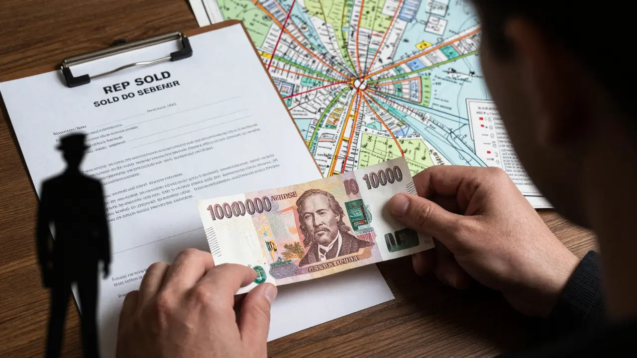 Рука кладёт миллион рублей на договор продажи, тень налоговой инспекции в углу.