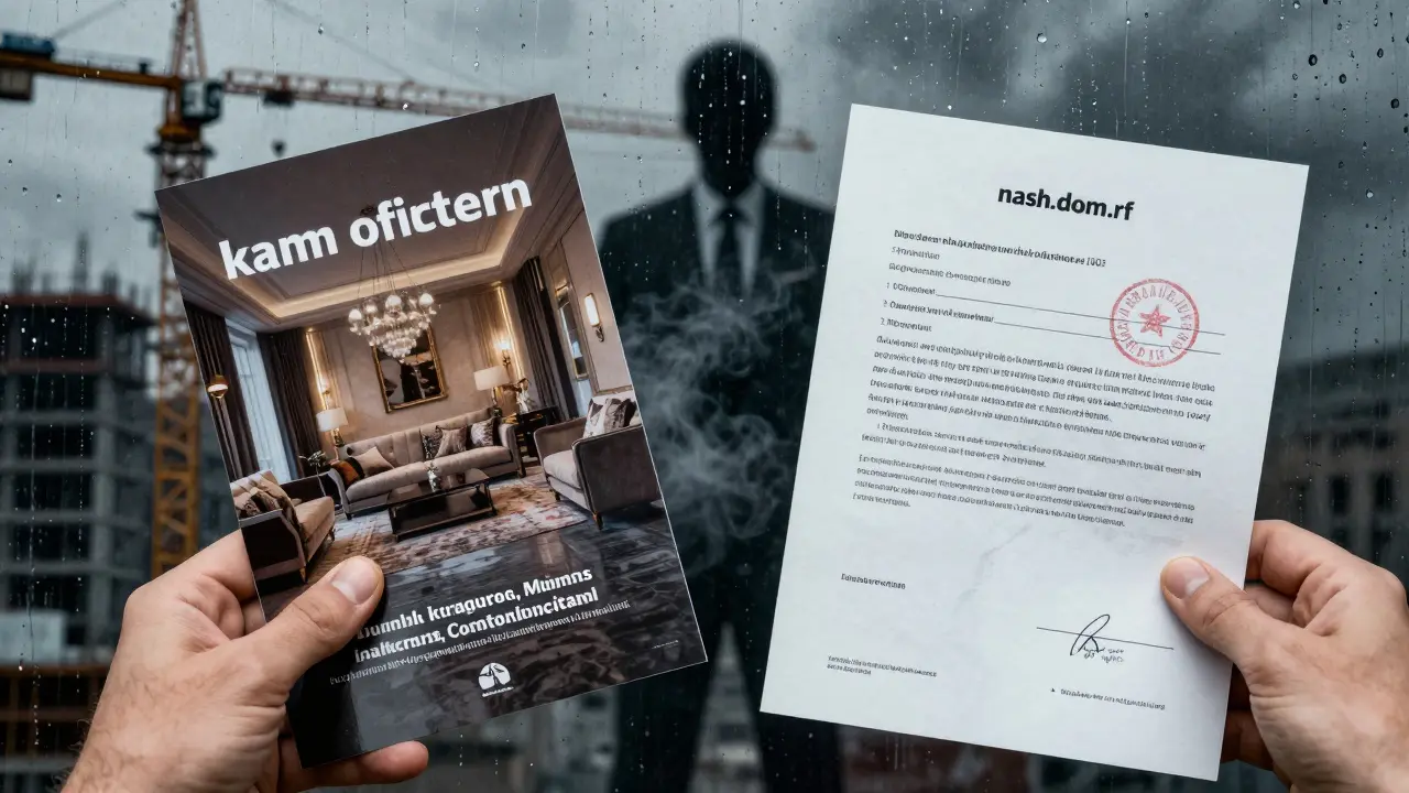 Руки сравнивают фальшивый буклет и официальный документ с просроченным разрешением на строительство, за спиной — исчезающая тень мошенника.