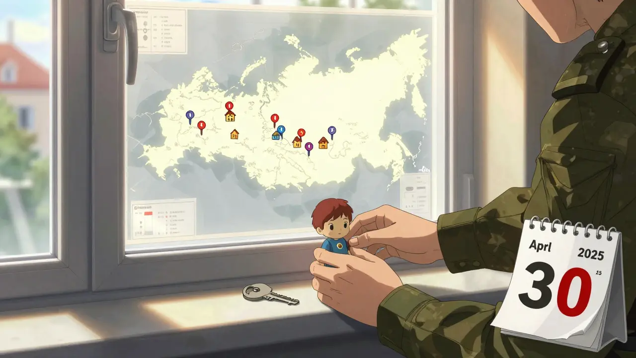 Руки военного кладут ключ и игрушку на подоконник новой квартиры, за окном — карта России.