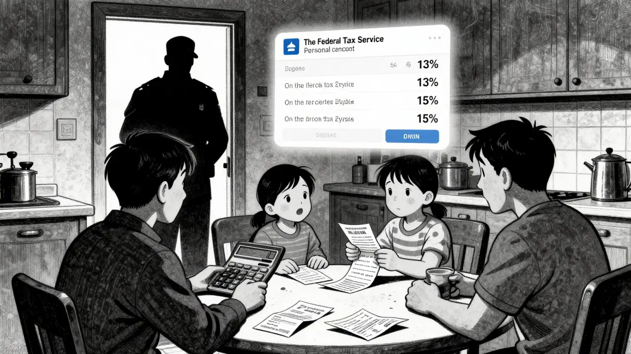 Семья за столом анализирует документы, над ними всплывает уведомление о прогрессивном налоге, в дверях — тень инспектора.