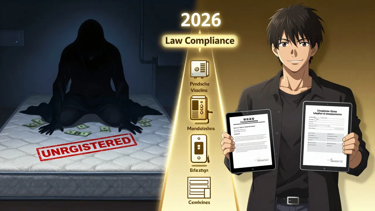 Сравнение: скрытые деньги vs легальный доход с электронными договорами и символами законности.