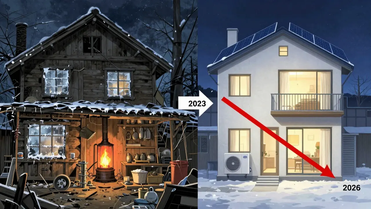 Сравнение старого и современного дома: слева — старый с газовым котлом, справа — энергоэффективный с солнечными панелями.