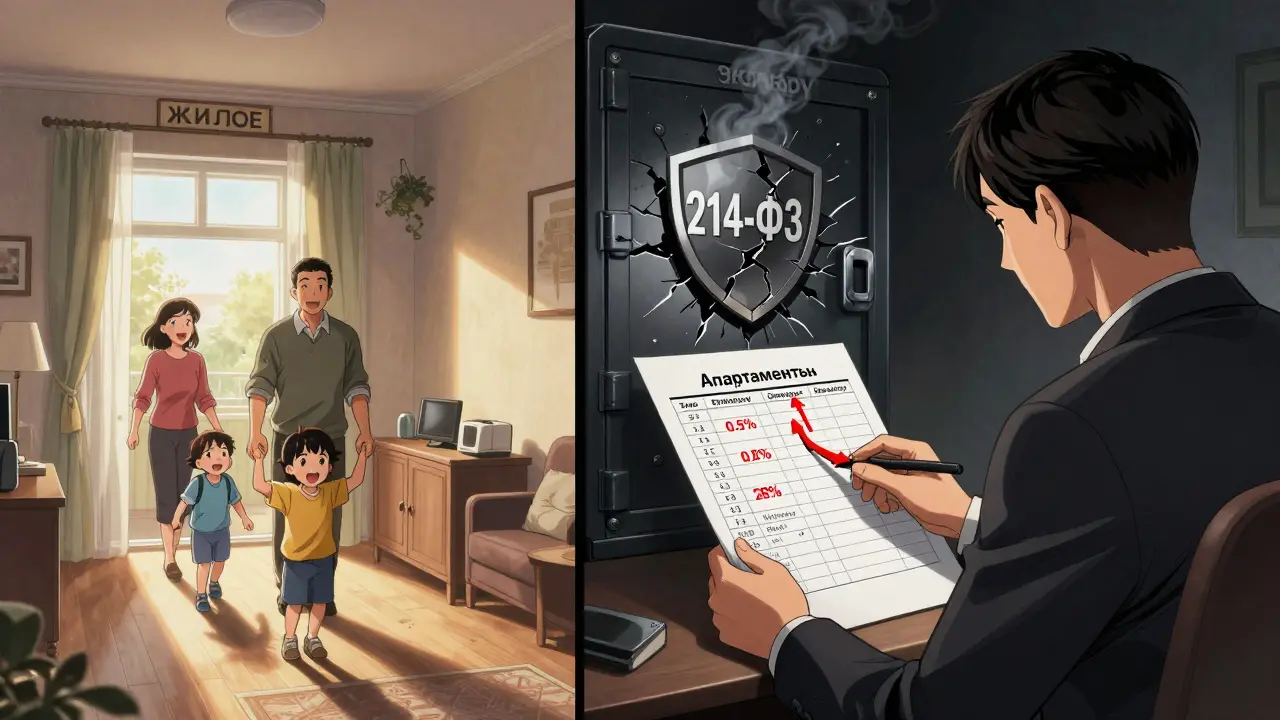 Сравнение уютной квартиры и рискованного апартамента с разрушающимся юридическим защитным щитом.