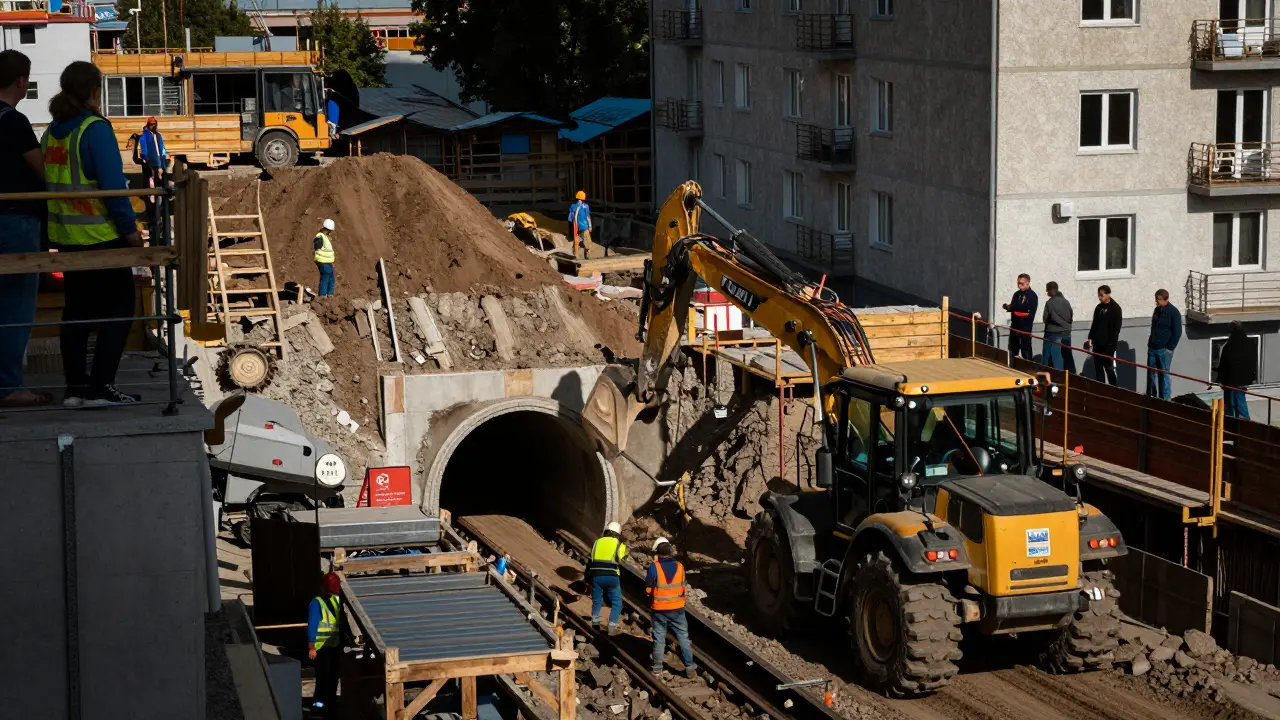Строительство новой станции метро, рабочие и жители наблюдают за работой