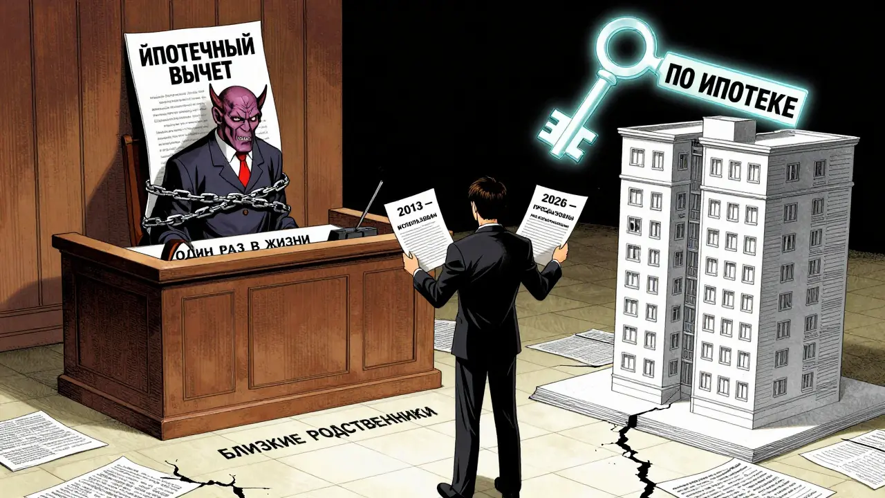 Судебная сцена: налогоплательщик против демона ипотечного вычета, над ним ключ и план новой квартиры, пол покрыт законами.