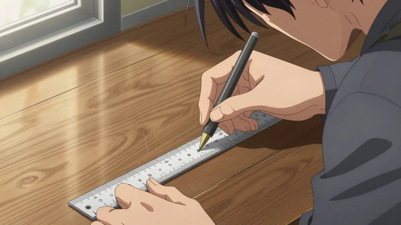 Техник измеряет глубину царапин на паркете для оценки износа.