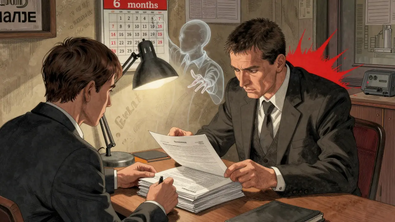 Юрист и покупатель проверяют нотариальные бумаги, прозрачный наследник выглядывает из календаря.