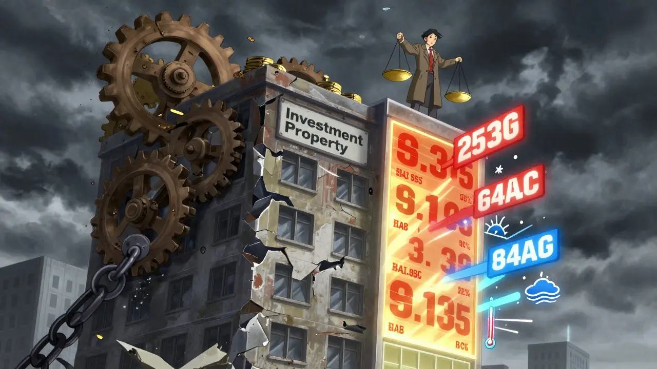 Здание инвестиционной недвижимости с двумя моделями учета и знаками климатических рисков.